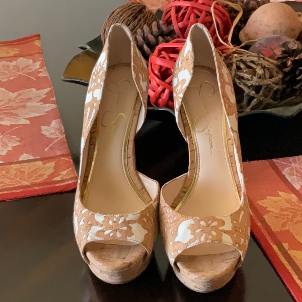 Jessica Simpson cork natural white peep toe